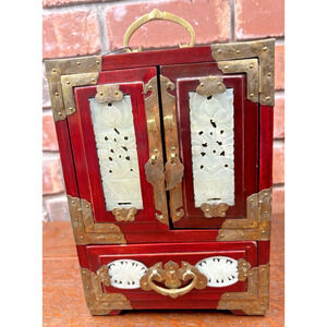 Vintage Chinese Rosewood Jewelry Box w/Jade Inserts Brass lock key four drawers
